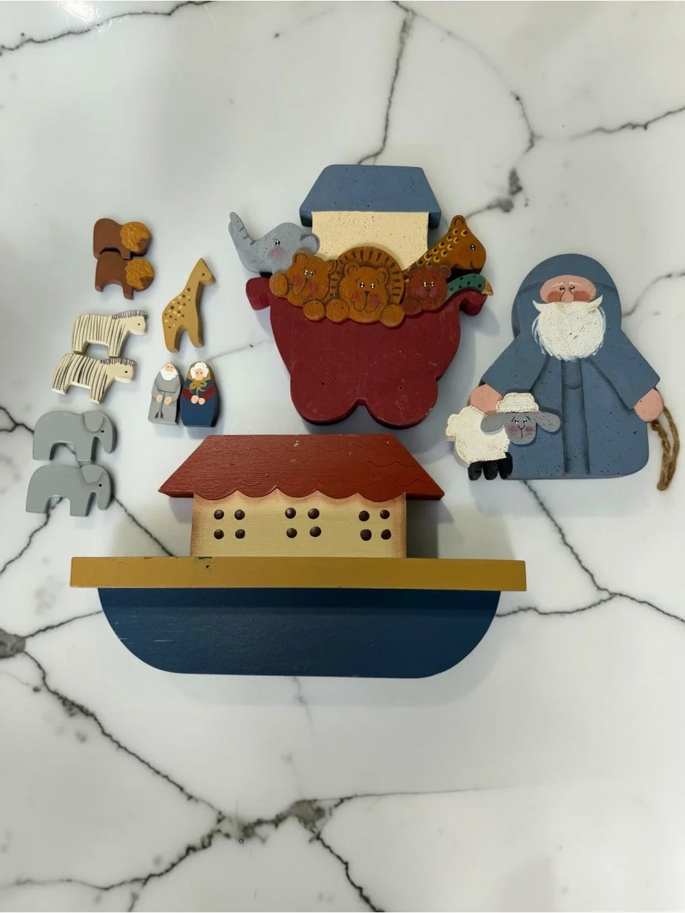 Vintage Wooden Noah’s Ark Lot | Folk Art Hand Painted Ark + Animal Pairs + Noah